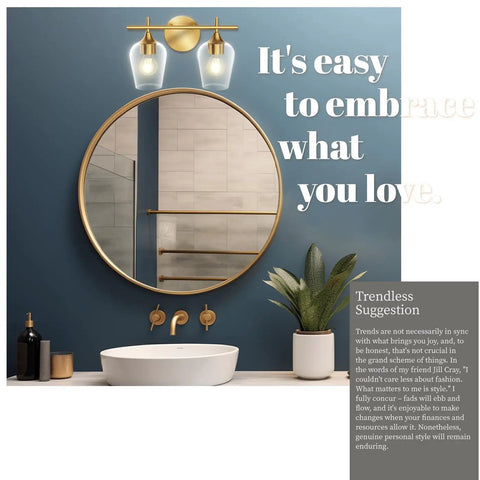 Gold Champagne Glass Vanity Lights Over Mirror, 2 Light Modern Wall Mount Fixture For Bathroom Powder Room Kitchen Bedroom Living Room Restroom, Electroplated Metal Finish With Thick Glass Shades above round mirror