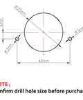 WYDDDARY hinge drilling guide schematic showing a 48mm circle bore with two Ø3mm pilot holes; note to confirm drill size.
