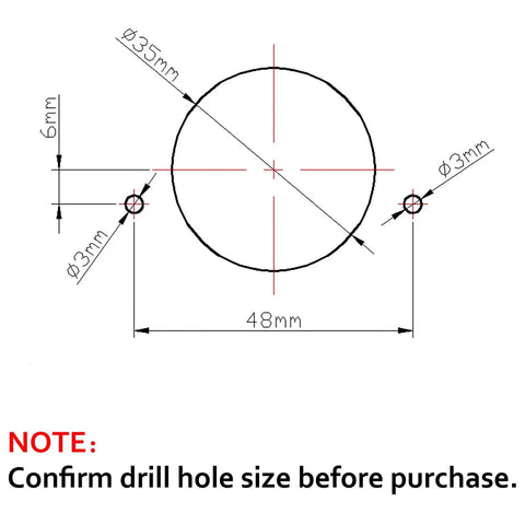 WYDDDARY hinge drilling guide schematic showing a 48mm circle bore with two Ø3mm pilot holes; note to confirm drill size.