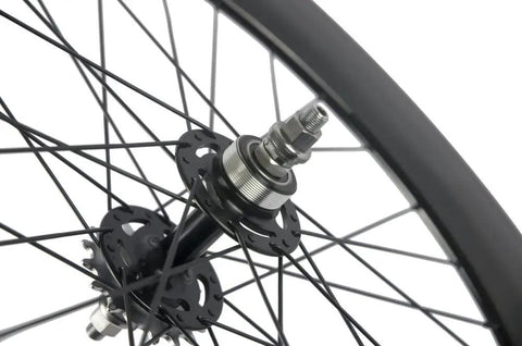 Close-up of axle and spokes on Ride Ready 88mm Fixed Gear Wheel 700c Carbon Clincher Rear Wheel for Single Speed Builds.