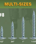 Heavy Duty Modified Truss Head Wood Screws Size 8 X 3/4 Inch, 200 Piece Pack, Silver Carbon Steel Finish. Multi-size display.