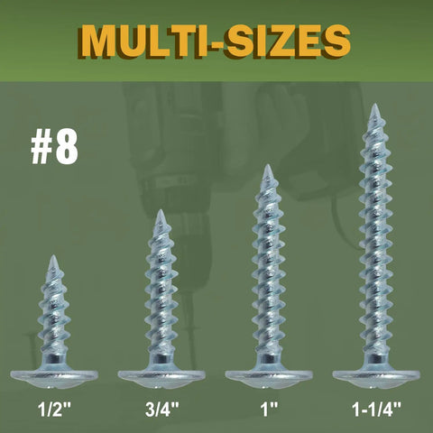 Heavy Duty Modified Truss Head Wood Screws Size 8 X 3/4 Inch, 200 Piece Pack, Silver Carbon Steel Finish. Multi-size display.