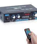 Bluetooth 5.0 Mini Stereo Amplifier 30W X2, Beefy 200W Peak Power with remote control, featuring bass and treble knobs
