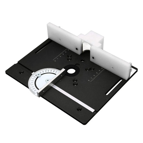 Premium Aluminum Router Table Insert Base Plate For Precision Woodworking Projects With Dead Easy Mounting Hardware And Top Shelf Metal Router System Kit In Matte Black shown from above with adjustable angle guide.