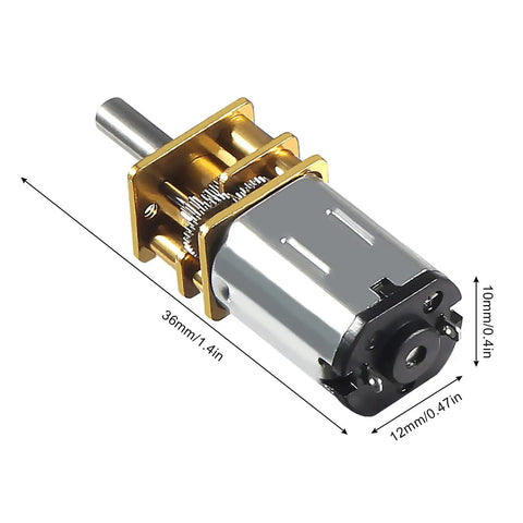 Close-up of Two Pack 6V DC 100 RPM N20 Gear Motor High Torque Micro Geared Motor for DIY projects with dimensions.