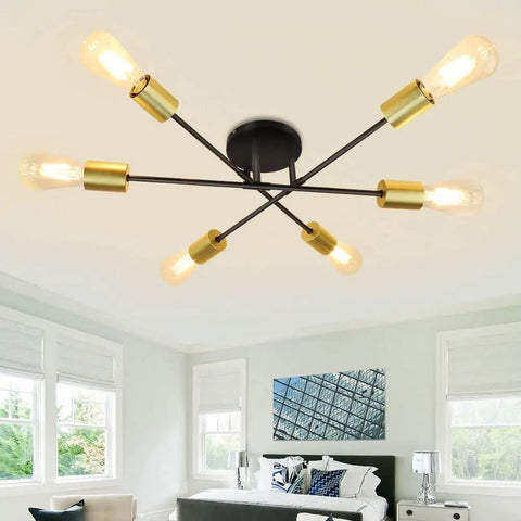 Dope Adjustable Gold Sputnik Chandelier With 6 Lights, Modern Mid Century Ceiling Light for Living Room, Semi Flush Mount