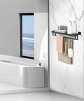 Double 24 Inch Towel Rack Matte Black For Bathroom Wall Mount Stainless Steel SUS304 with towels and bath items.