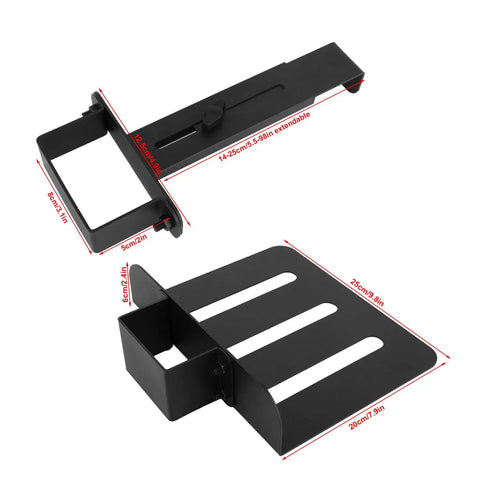 Sweep Floor Mess To The Curb With This Beefy Under Desk PC Mount Clamp On Computer Tower Holder Adjustable Height Width Zero Drill Pain Keep Your Setup Snappy showing adjustable carbon steel construction with dimensions.