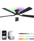 Sleek 52 Inch Smart Ceiling Fan With RGB Smart Lighting And Wifi Voice Control Compatible With Alexa, remote, and app controls.