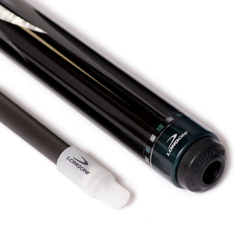 Istanbul 3 Cushion Carom Cue W/Luna Nera Fe71 Shaft And Vp2 Joint On Ural Black Hornbeam Butt W/Floral Inlays close-up detail of tip and joint