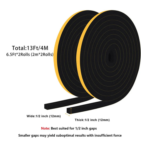 Two rolls of Easy Fit Foam Insulation Tape For Doors And Large Gaps With Strong Adhesive Weather Stripping, 13 feet in total.