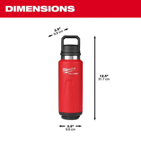 Packout 36oz Insulated Bottle With Chug Lid All Day Thermal Retention Double Wall Vacuum Insulation Keeps Drinks Hot Or Cold Longer Twist To Lock Packout Connectivity Durable Build For Worksite Or Adventure showing dimensions