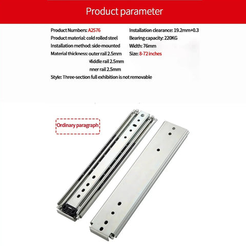 Heavy Duty Full Extension Ball Bearing Drawer Slides 68 Inch Industrial Guide Rail 500 Pounds Capacity Built Like A Tank Glides Right Out For Shop Cabinetry side-mounted rail made of cold rolled steel.