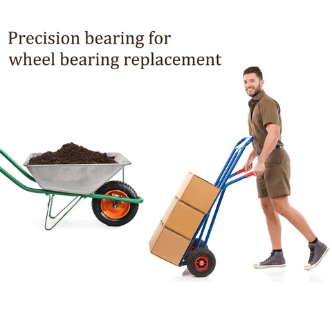 MR117-2RS chrome steel bearings for wheel replacement with man pushing hand truck and wheelbarrow filled with soil