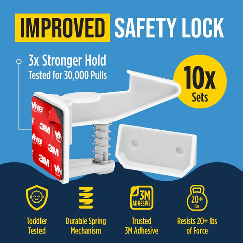 No Drill Needed Cabinet Locks For Baby Proofing 10 Pack Invisible Adhesive Drawer And Cabinet Latches White with spring mechanism