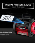 Portable Tire Inflator Air Compressor With Dual Motors, 12V DC And 110V AC, featuring digital pressure gauge display.