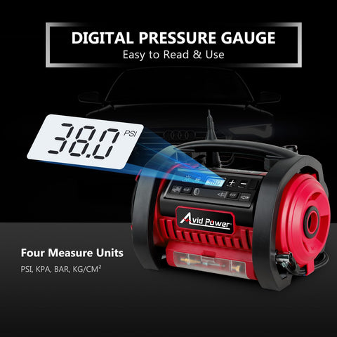 Portable Tire Inflator Air Compressor With Dual Motors, 12V DC And 110V AC, featuring digital pressure gauge display.