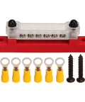 Six Terminal Bus Bar Power Distribution Block High Current 150A DC 48V Marine Grade Plated Brass With Cover shown with accessories