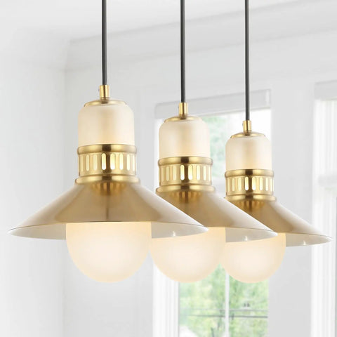 35 Inch Brass Gold Modern Retro Hurricane LED Pendant Light Fixture With Adjustable Hanging Height Frosted White Glass And Metal Shade