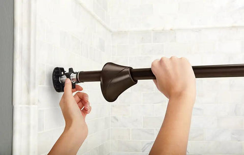 Installing Curved Tension Shower Curtain Rod With Pivoting Flanges No Drill Installation Old World Bronze Finish Adjustable Fit 57 to 60 Inches.