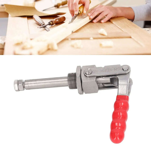 Beefed-Up Heavy Duty Toggle Clamp With 66.8mm Stroke And 180 Degree Push Pull Action, 701 Lb Capacity, Hand Operated, Red Plastic Handle, 304 Stainless Steel