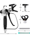 Hassle Free Airless Paint Spray Gun Kit With Five Reversible Tips Ten Spare Mesh Filters And Safety Nozzle Guard close-up image showing parts and dimensions.