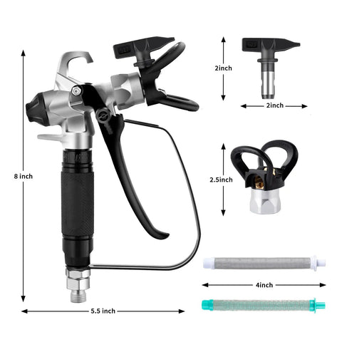 Hassle Free Airless Paint Spray Gun Kit With Five Reversible Tips Ten Spare Mesh Filters And Safety Nozzle Guard close-up image showing parts and dimensions.