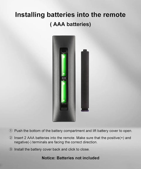 Diagram showing battery installation into XRT140 Remote Replacement For D Series M Series V Series LED LCD Smart TVs No Programming Required Easy Setup Just Insert Batteries Channel Keypad And Six App Keys Ready To Use Right Out Of The Box