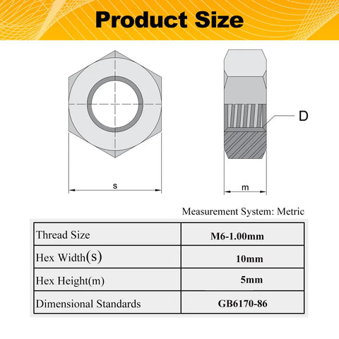 Product size diagram for Badass M6 Hex Nuts 100 Piece Set Premium Carbon Steel Black Oxide Coating with measurements.