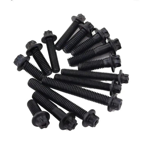 Kickass Heavy Duty Flanged Head Torx Bolts M5 M6 Hexagon Grade 12.9 Black Zinc Fastener Kit showing multiple screws with flanged heads.