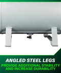 Angled steel legs of High Capacity 10 Gallon Air Tank With ASME Certification, 5 Quick Connects, Industrial Gauges, and Shut Off Valve