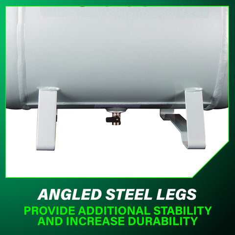 Angled steel legs of High Capacity 10 Gallon Air Tank With ASME Certification, 5 Quick Connects, Industrial Gauges, and Shut Off Valve
