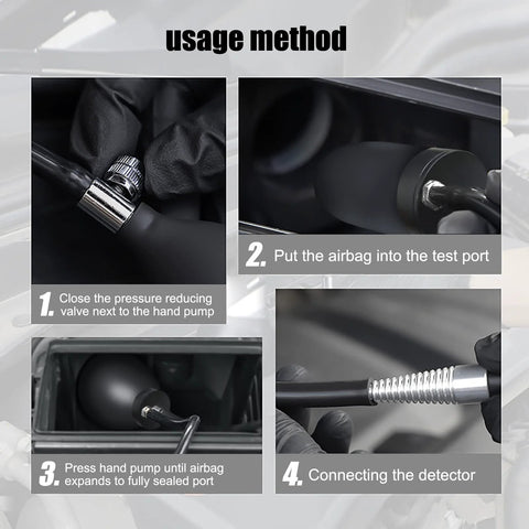 OBDMONSTER expandable bladder tester usage: close valve, insert airbag into test port, pump to seal, connect detector
