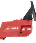 Craftsman brake assembly, side view; red plastic housing with black lever for lawn mower.