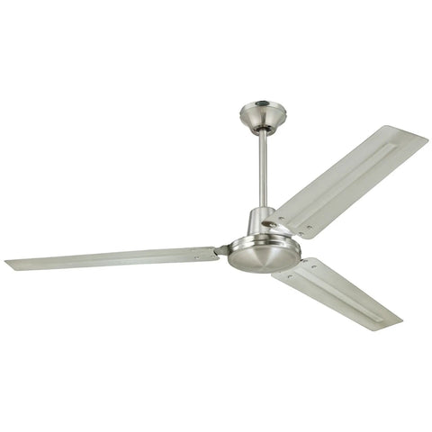 Industrial 56 Inch Indoor Ceiling Fan With Three Brushed Nickel Steel Blades, Quiet High-Performance Motor, Down Rod Mount