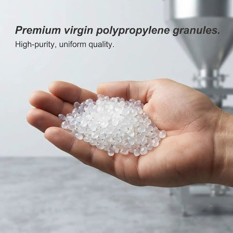 Hand holding premium virgin polypropylene granules, high-purity and uniform quality displayed.