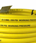 Built Tough As Nails 50 Foot Pneumatic Air Hose With 3 8 Inch Diameter And 250 Psi Rating Featuring Solid Brass Npt Fittings Grease Shedding Epdm Rubber Wrap For Serious Shop Hustles, close-up of yellow hose showing diameter and pressure ratings.