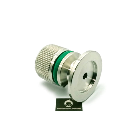 KF25 flange vent valve, metal body with green O-ring, front view with central hole