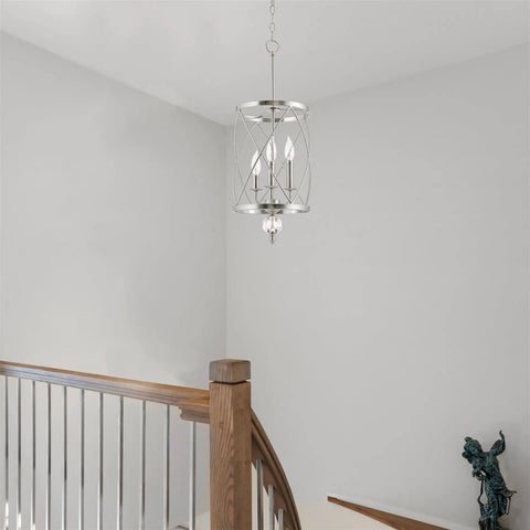 Modern Dope 3-Light Geometric Lantern Chandelier in Brushed Nickel Finish With Cylinder Trellis Cage And Crystal Orb Finial hanging in a foyer