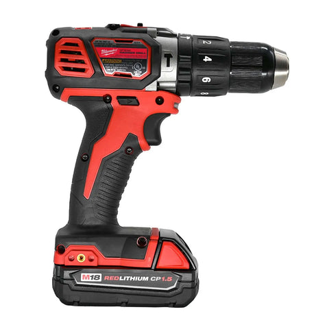 Compact Half Inch Hammer Drill Driver Kit With M18 Cordless Power, 1.5Ah Battery, side view showing drill and battery in red and black