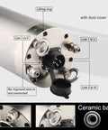 Close-up of Heavy Duty 5.5KW Water Cooled CNC Spindle With ER32 Chuck 125mm Diameter 24000 RPM showing connection ports and labels.