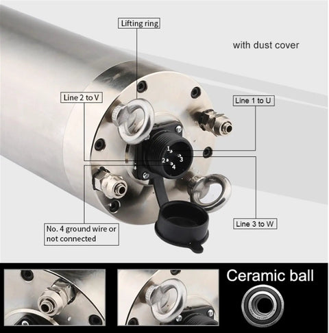 Close-up of Heavy Duty 5.5KW Water Cooled CNC Spindle With ER32 Chuck 125mm Diameter 24000 RPM showing connection ports and labels.