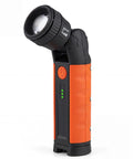 Rechargeable LED Flashlight With Zoomable Head And 180 Degree Swivel, shown with orange grip and swivel head in upright position.