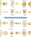Golden Filigree Flower Bead Caps Set With 240 Pcs 12 Unique Brass Petal Ends for Jewelry Making, various styles and sizes displayed