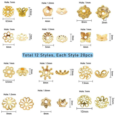 Golden Filigree Flower Bead Caps Set With 240 Pcs 12 Unique Brass Petal Ends for Jewelry Making, various styles and sizes displayed