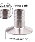 DERNORD 2-inch Tri-Clamp to 1-inch hose barb adapter, SUS304 stainless sanitary pipe fitting