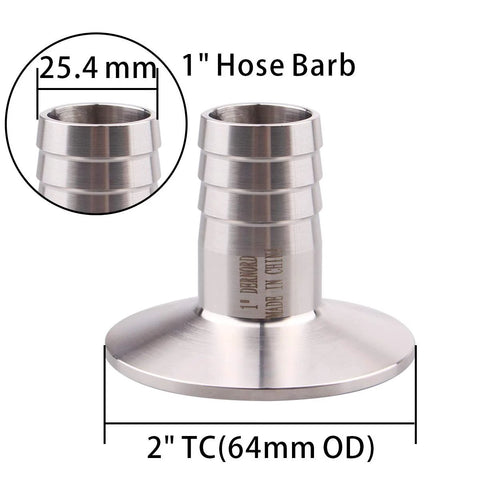 DERNORD 2-inch Tri-Clamp to 1-inch hose barb adapter, SUS304 stainless sanitary pipe fitting