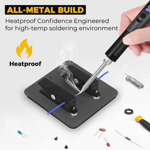 Third Hand Soldering Clamp With Magnetic Clip in use with soldering iron on metal stand, showing stability for precise electronics work