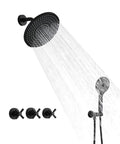 Matte Black High Pressure Shower System With 9 Inch Round Shower Head And 3 Handle Wall Mounted Faucet, Rough-In Valve Included