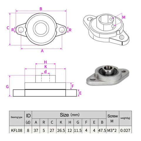 Diagram and photo of KFL08 bearing with measurements for 3D Printer Lead Screw T8 8Mm OD 2Mm Pitch With Horizontal Nut Set.